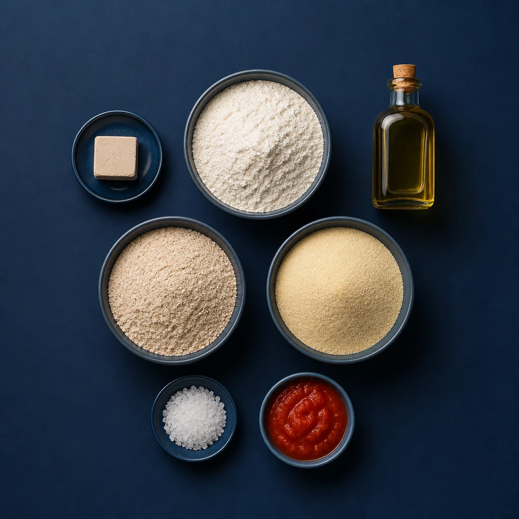 Ciotole con farine, semola, sale, passata di pomodoro, lievito e olio su fondo blu