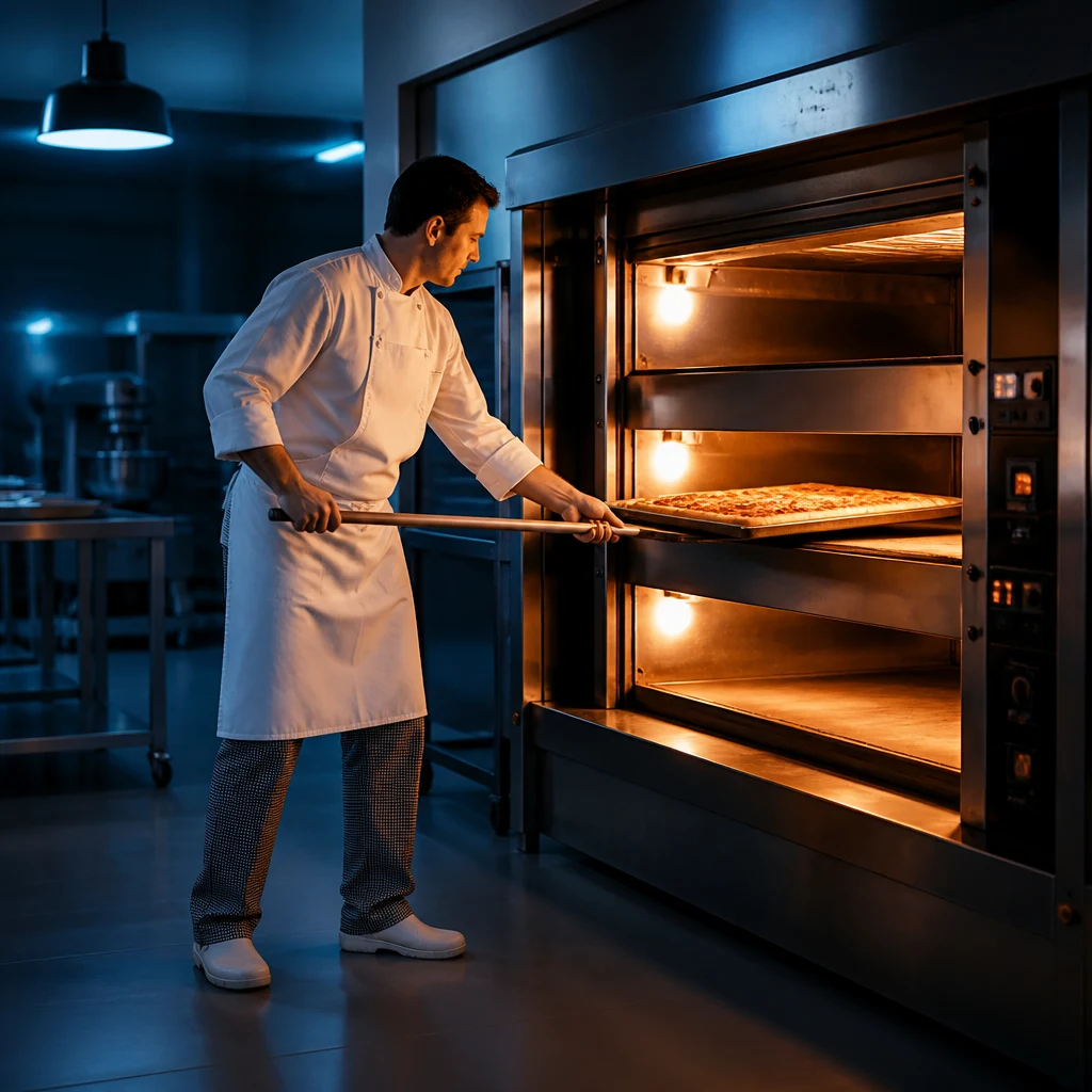Fornaio in camice inserisce una pizza nel forno professionale acceso