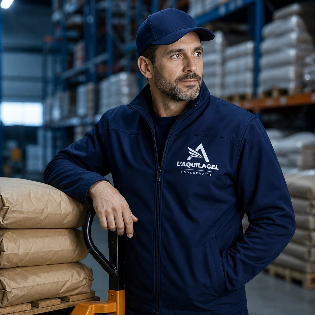 Addetto L'AQUILAGEL con giacca e cappellino blu accanto a sacchi su pallet in magazzino
