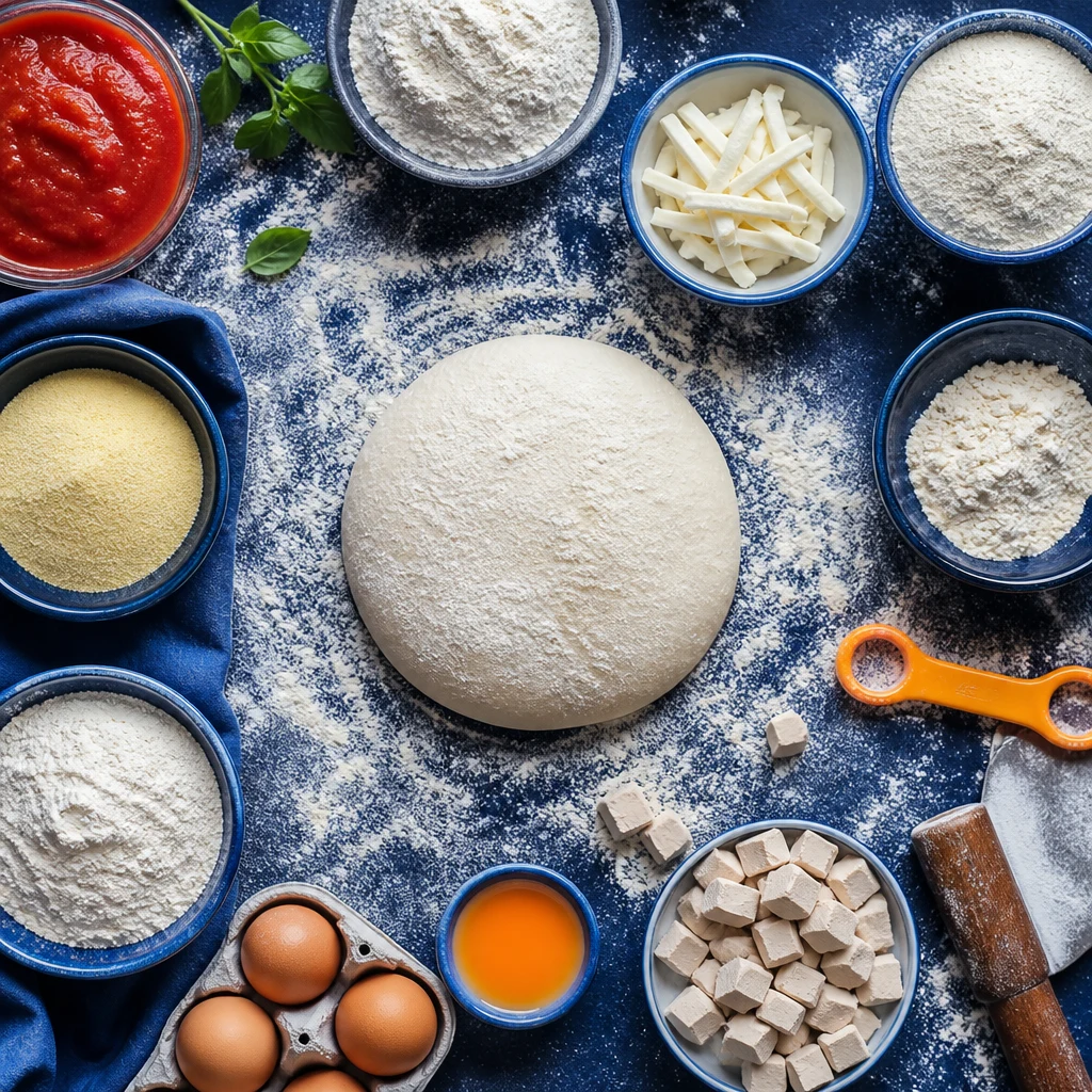 Impasto rotondo circondato da farine, pomodoro, formaggio, uova, lievito e mattarello su piano blu