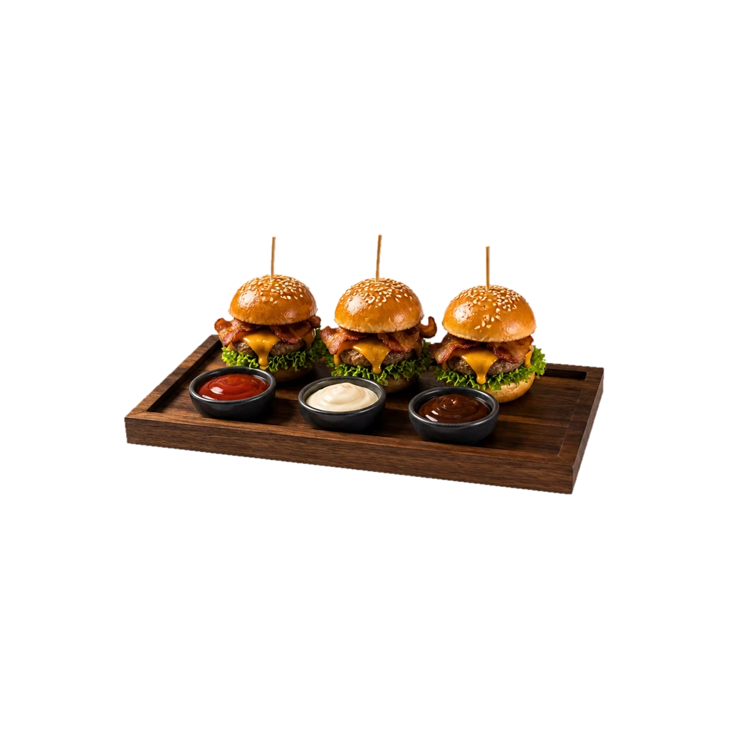 Tre mini hamburger con spiedino su vassoio di legno, accompagnati da tre ciotoline di salse
