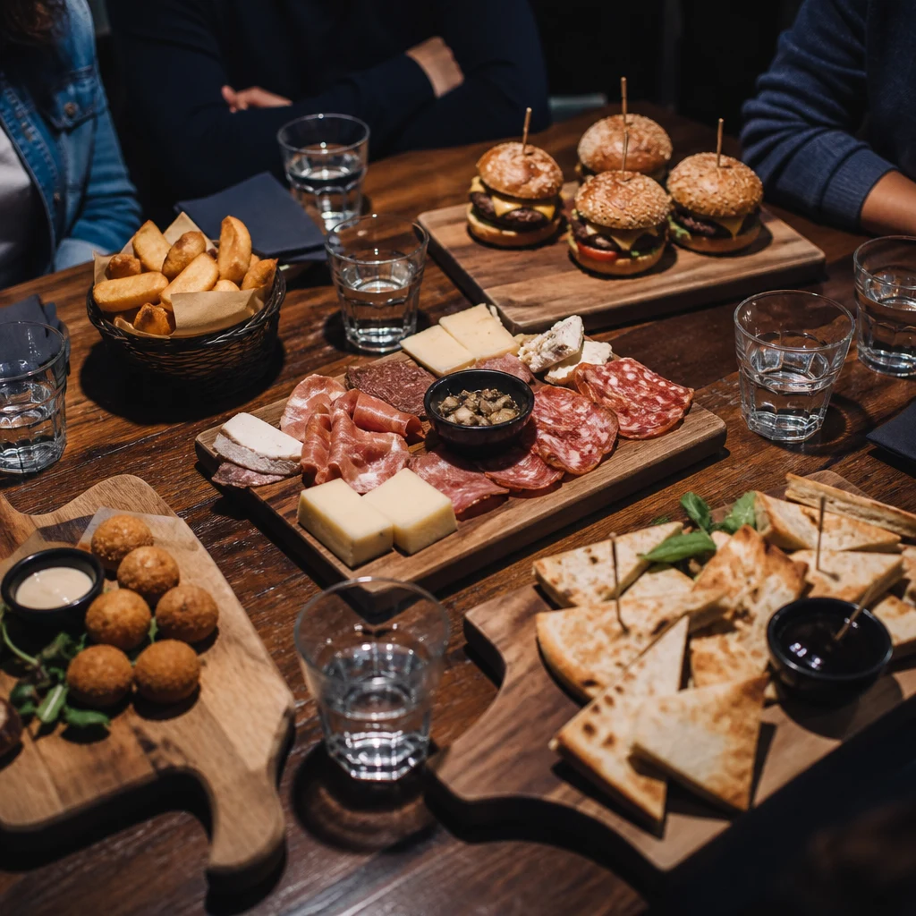 Taglieri con salumi, formaggi, hamburger, focaccia e fritti su tavolo di legno