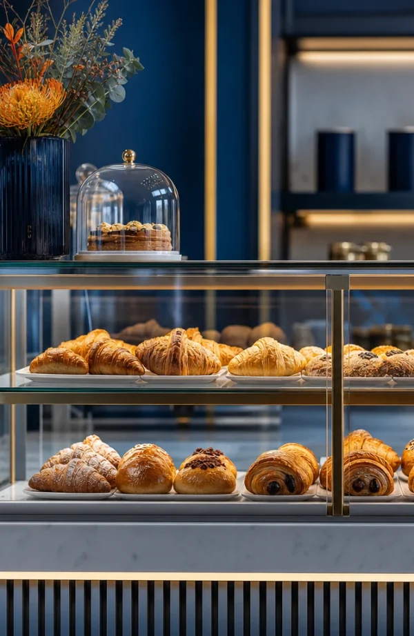Dettaglio di paste da colazione disposte in fila sul vassoio del banco