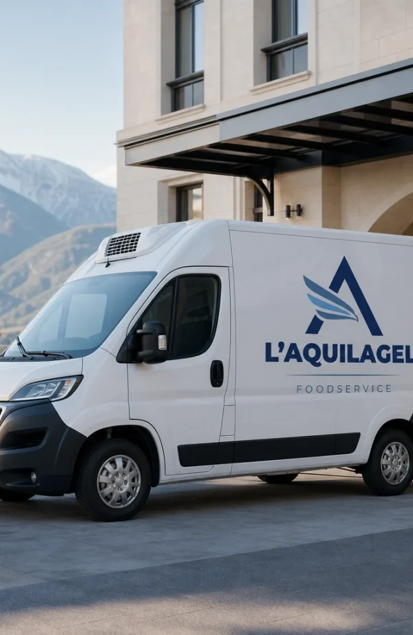 Furgone refrigerato L'AQUILAGEL parcheggiato davanti all'ingresso di un edificio con montagne sullo sfondo.