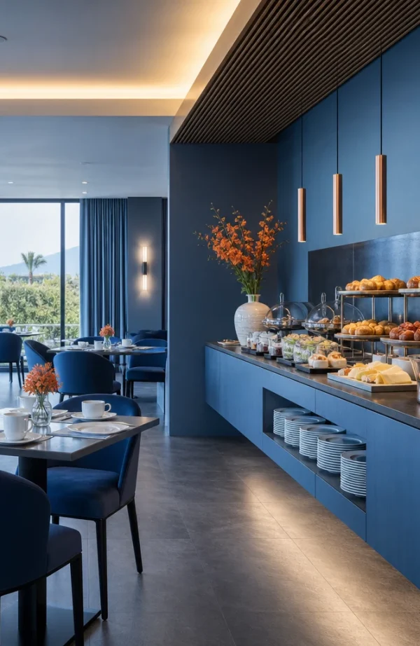 Sala colazioni con tavoli apparecchiati e buffet di pane, dolci, frutta e bevande.