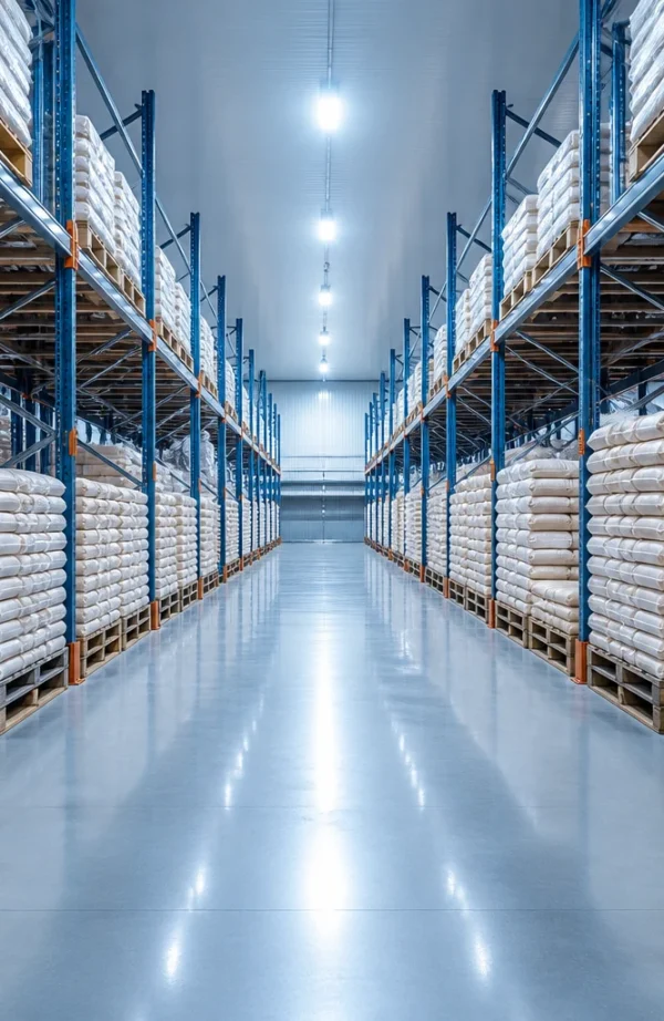Corsia di magazzino con scaffalature alte e pallet di sacchi bianchi