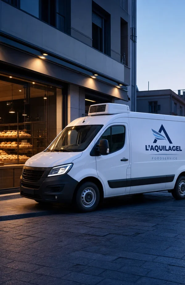 Furgone refrigerato L'AQUILAGEL parcheggiato davanti a una panetteria al tramonto