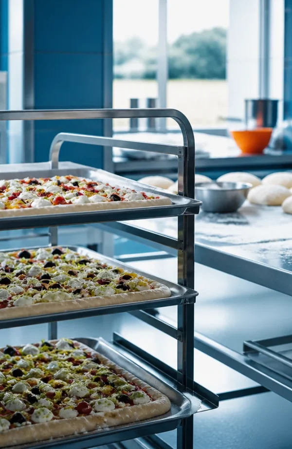Carrello con teglie di pizze farcite in una cucina, con panetti di impasto sul banco