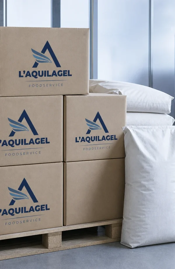 Scatole L'AQUILAGEL su pallet accanto a sacchi bianchi e carrello portateglie in magazzino
