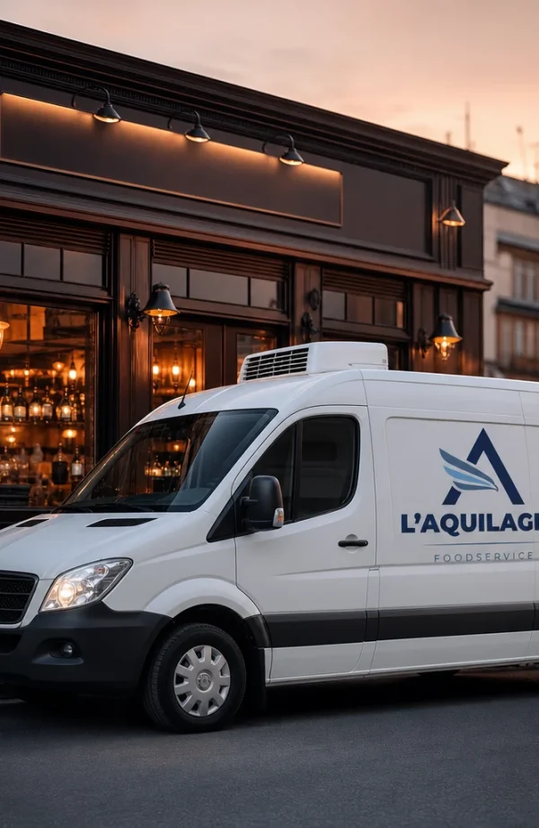 Furgone refrigerato L'AQUILAGEL parcheggiato davanti a un ristorante