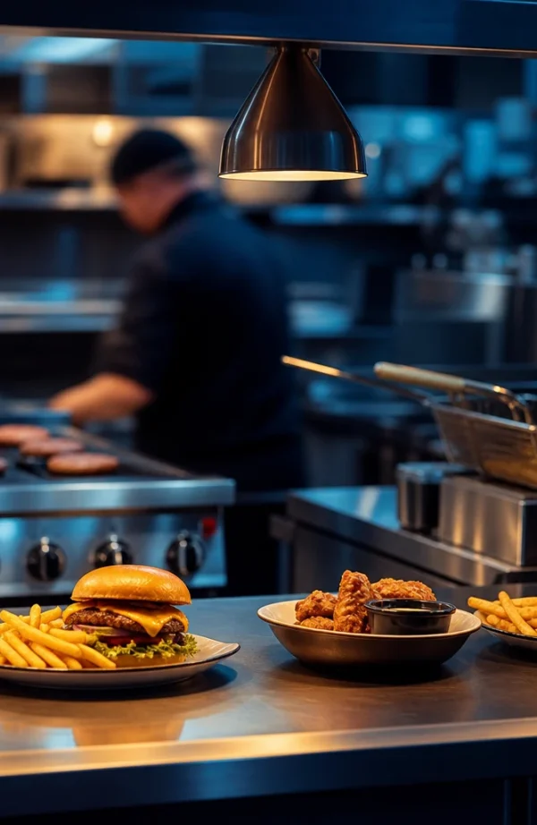 Cucina professionale con hamburger, patatine e pollo fritto sul banco