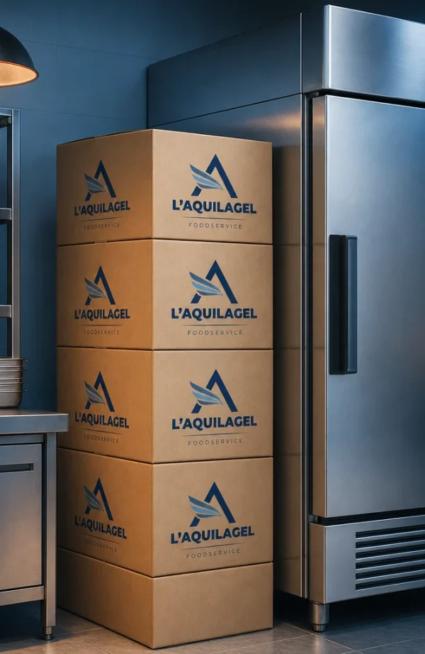 Scatole L'AQUILAGEL impilate accanto a un frigorifero in una cucina professionale