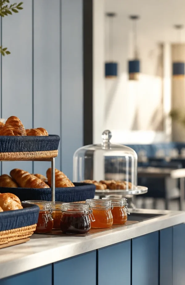 Cestini di croissant su un bancone con vasetti di marmellata in un locale luminoso
