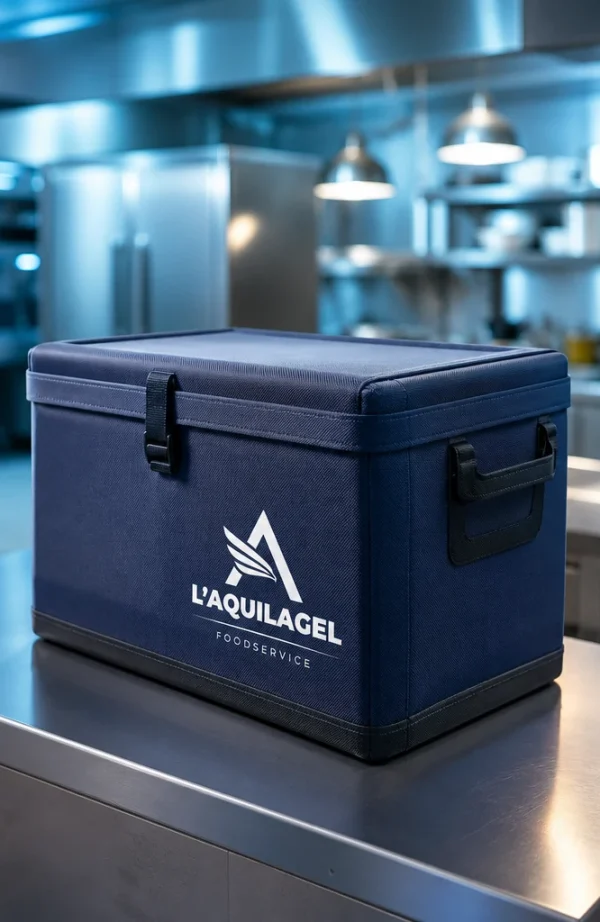 Contenitore termico blu con logo L'AQUILAGEL su un banco in acciaio di cucina professionale