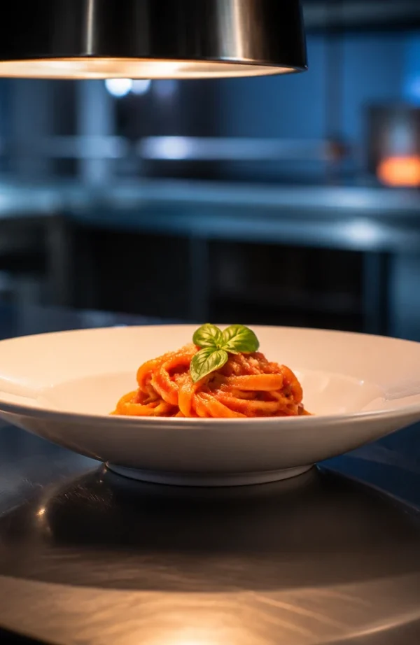 Piatto di pasta al pomodoro con basilico su banco di cucina sotto una lampada