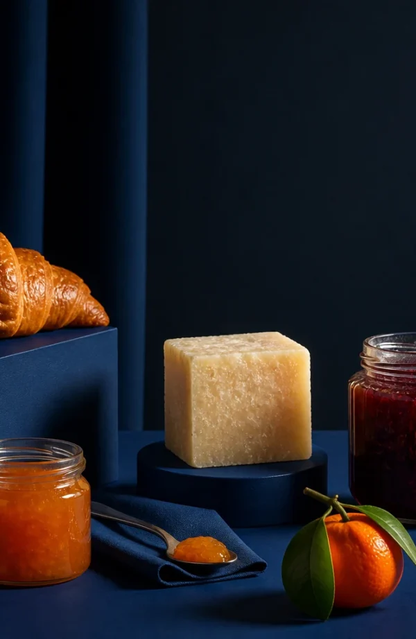 Croissant, confetture in vasetto, cubo di formaggio e mandarino su piedistalli blu