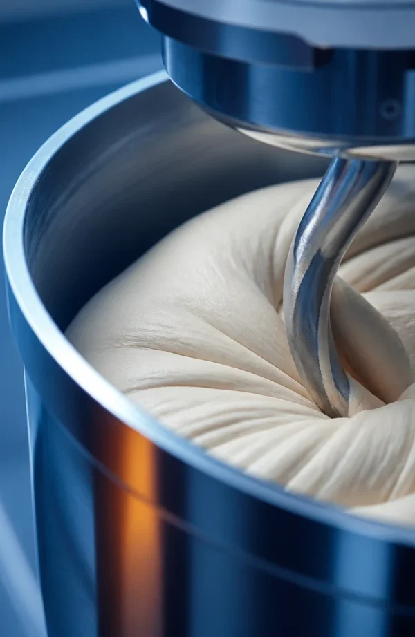 Impastatrice professionale lavora un impasto chiaro in una ciotola d'acciaio