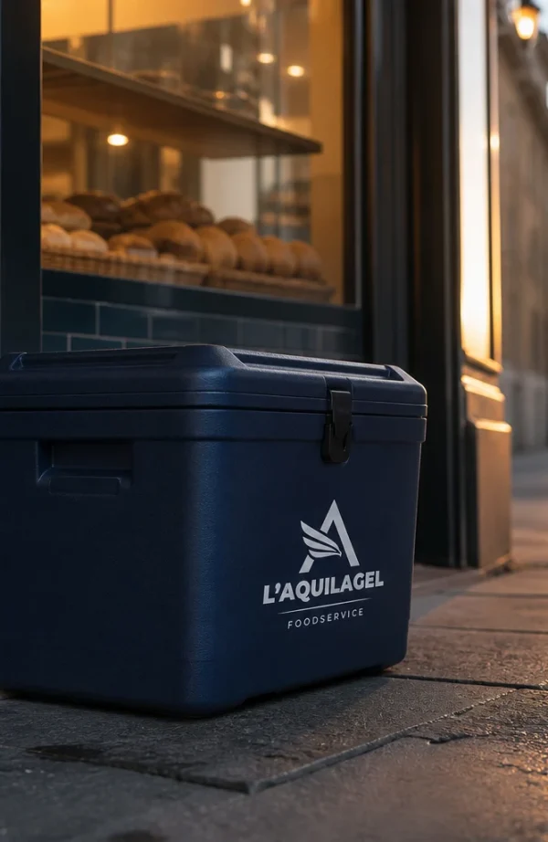 Contenitore termico L'AQUILAGEL davanti a una vetrina di pane al tramonto
