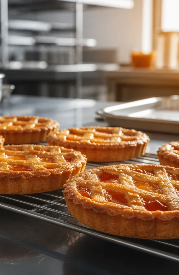 Crostate dorate con ripieno di frutta su una griglia in laboratorio di pasticceria