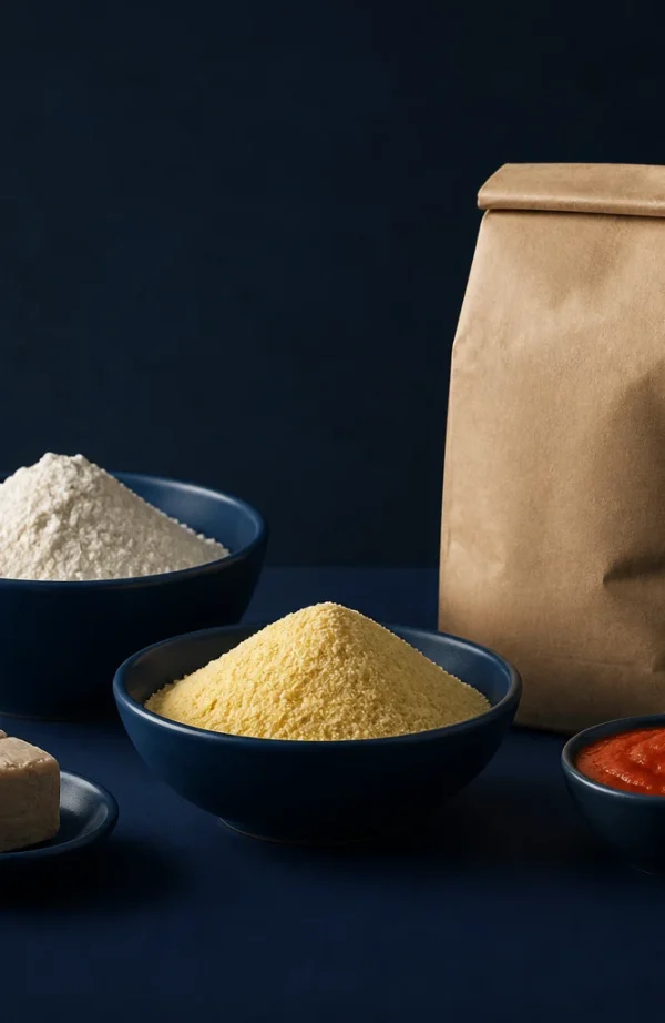 Ciotole con farina bianca e gialla, panetto di lievito, salsa di pomodoro e sacchetto di carta