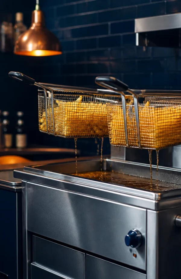 Due cestelli di una friggitrice professionale in cucina, con olio che sgocciola.