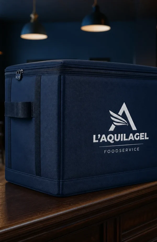 Borsa termica blu con logo L'AQUILAGEL appoggiata sul bancone di un locale.