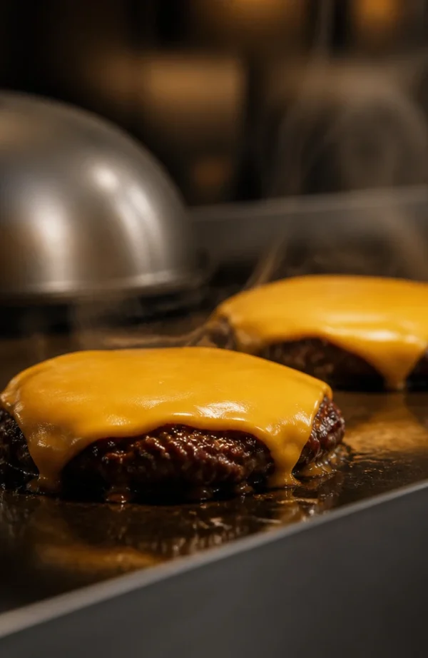 Due hamburger con formaggio fuso cuociono su una piastra calda.