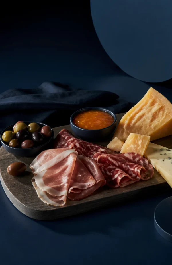 Tagliere con salumi, formaggi, olive, salsa e pane su tavolo blu scuro